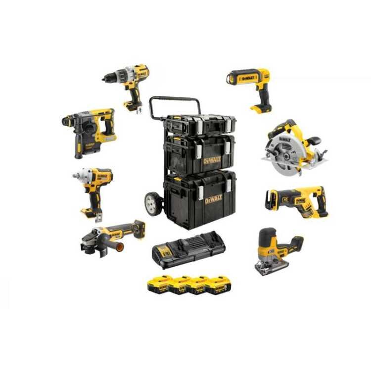 DEWALT DCK856P4-QW Accu Combopack, 18Volt klopboorschroevendraaier Incl. 8 Accu Machines, 4x Li-Ionen XR Accu (5,0Ah), Trolley DS Carrier